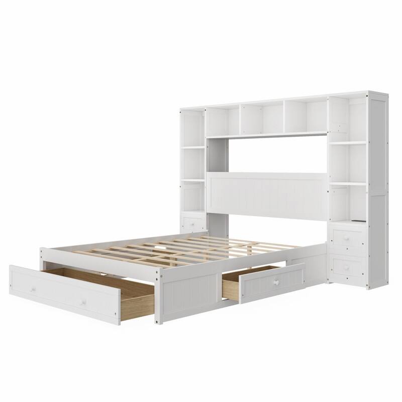 Full/Queen Size Platform Bed w/All-in-One Storage Cabinet, Multi-Functional Captain Bed w/Drawers, 2 Charging Stations & Shelves
