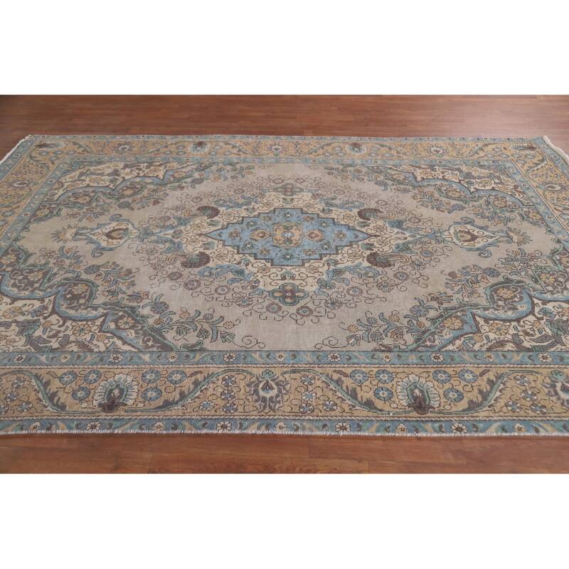 Hand Knotted Oriental 100% Wool Carpet Traditional Floral Beige & Ivories Tabriz Area Rug - 9' 5'' X 6' 5''