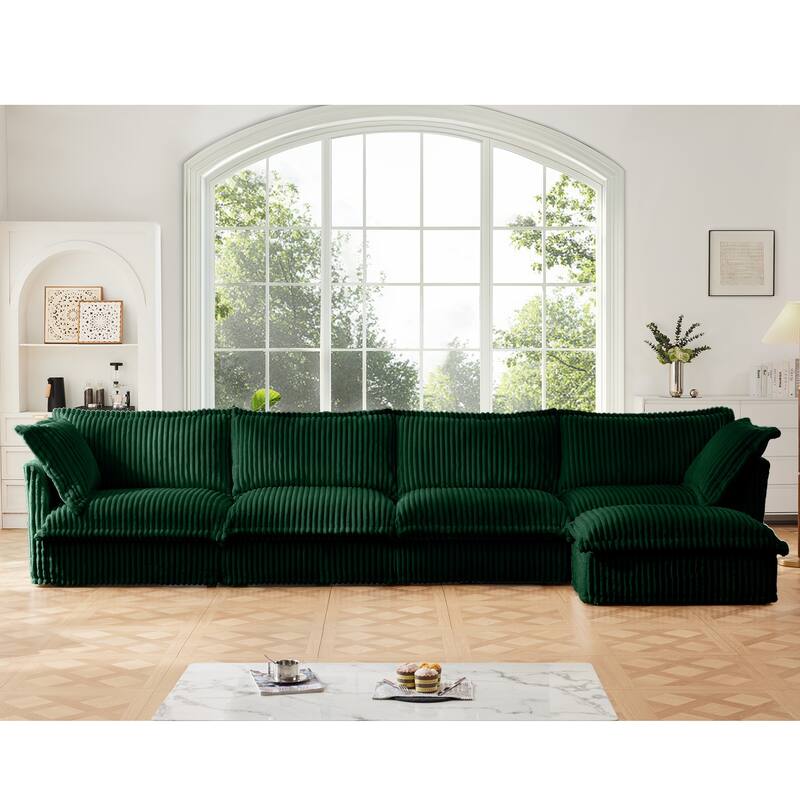 GDFStudio - Slipcovered 4-Seater 156.6" L-Shaped Corduroy Sectional Sofa with Ottoman - Green