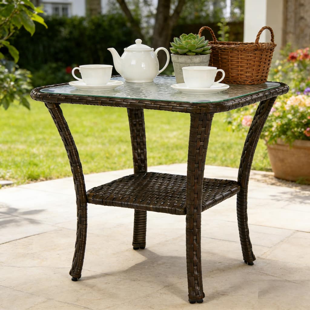 Wicker Rattan Side Table With Built-in Glass - 19.68'' H X 19.68'' D X 19.68'' W