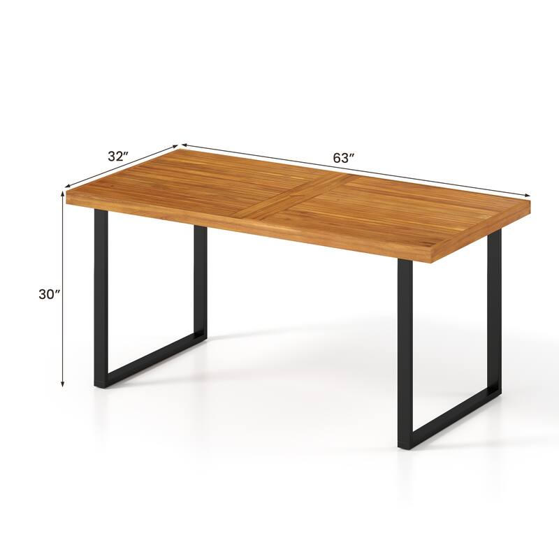 63" Outdoor Solid Acacia Wood Dining Table with Metal Frame and Umbrella Hole for 6 Seating - 63" x 32" x 30"