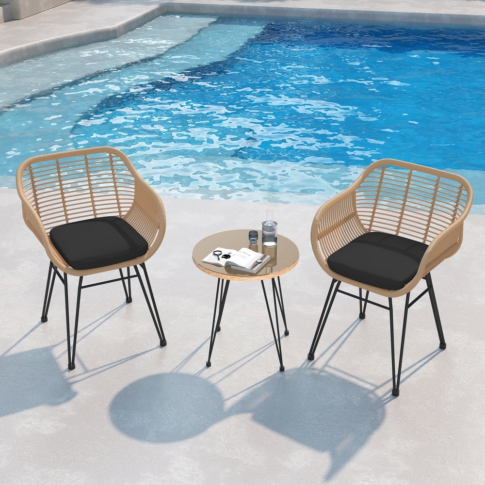 3-piece Outdoor Wicker Rattan Cushioned Bistro Set With Table