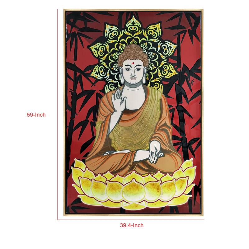 39 x 59 Hand Painted Buddha on Lotus, Gold Frame, Resin Coated, Red, Yellow - Red, Gold, Black