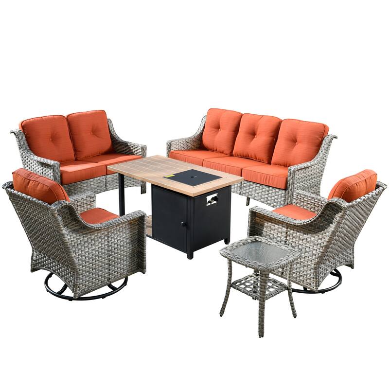 XIZZI 6-piece Outdoor High-back Furniture Swivel Chair Set with Fire Pit