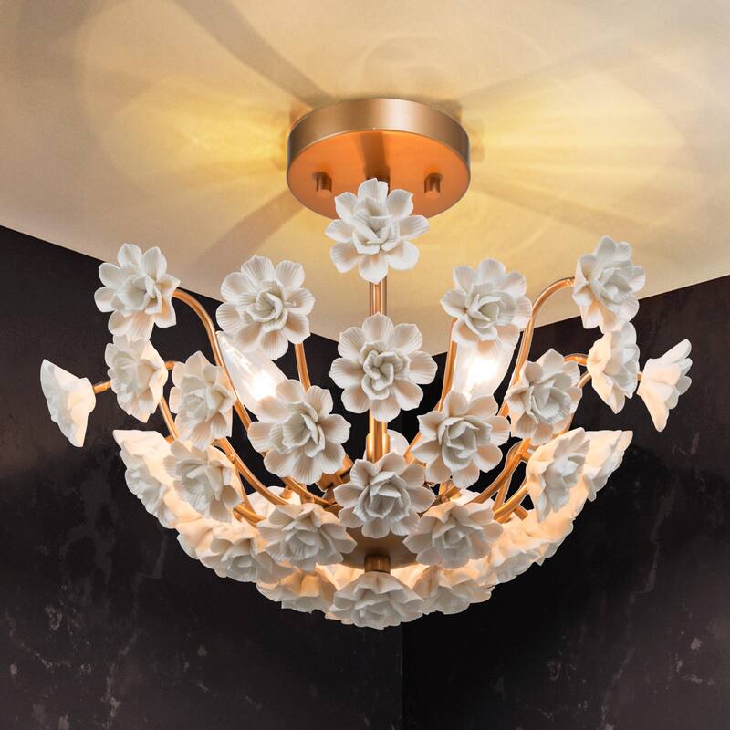 Cotia Mid-century Modern French Country Semi-flush Mount 3-light Ceramic Flowers Bowl Ceiling Light for Dining Room - 15.5 in