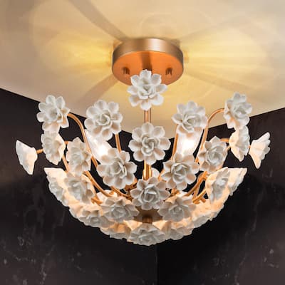 Cotia Mid-century Modern French Country Semi-flush Mount 3-light Ceramic Flowers Bowl Ceiling Light for Dining Room - 15.5 in