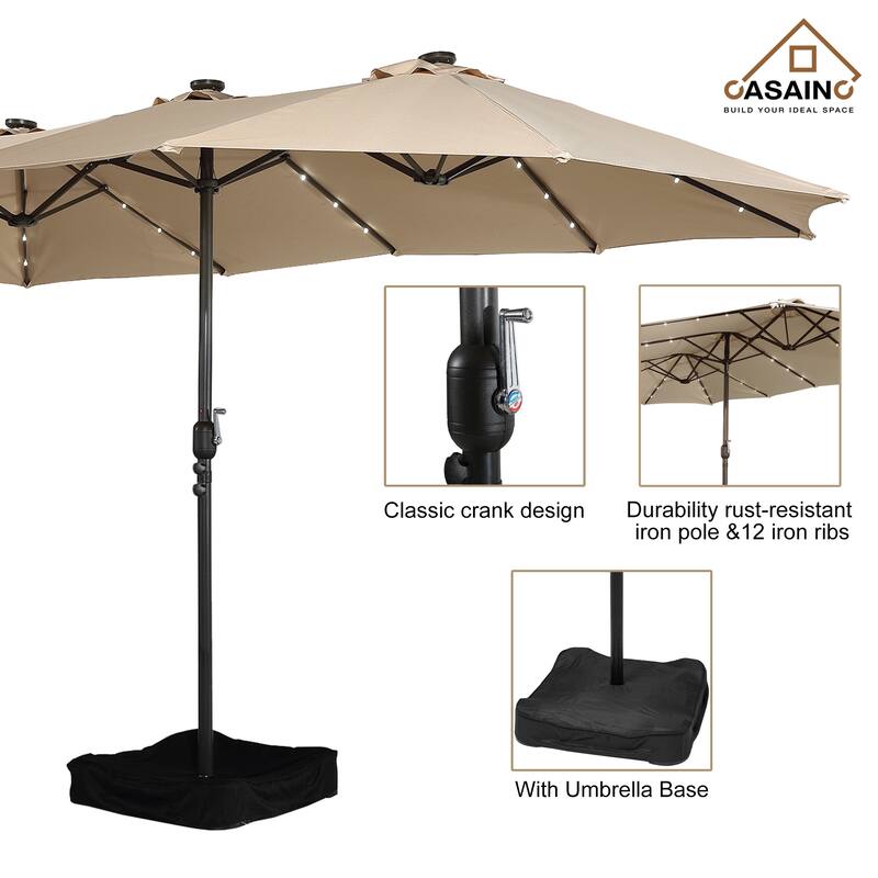15-ft. Rectangular Crank Double-sided Outdoor Market Umbrella Solar LED Lighted Patio Umbrella with Base Included