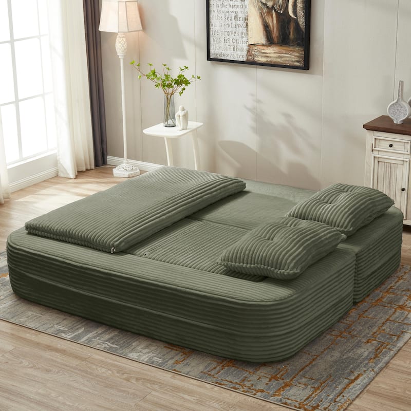 Sleeper Sofa with Chaise Lounge, Convertible Sectional Couch Bed, Corduroy 3-Seat Sofa, Folding Boneless Couch