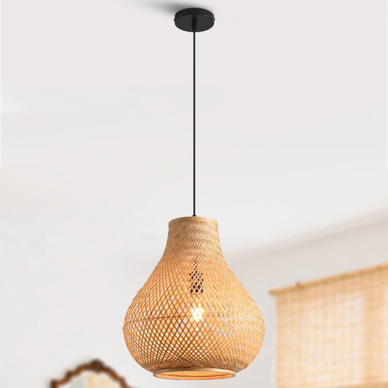 15" Natural Farmhouse Vase Shape Handwoven Rattan Caged Pendant Light - 14.96" D x 14.96" W x 62.99 " H