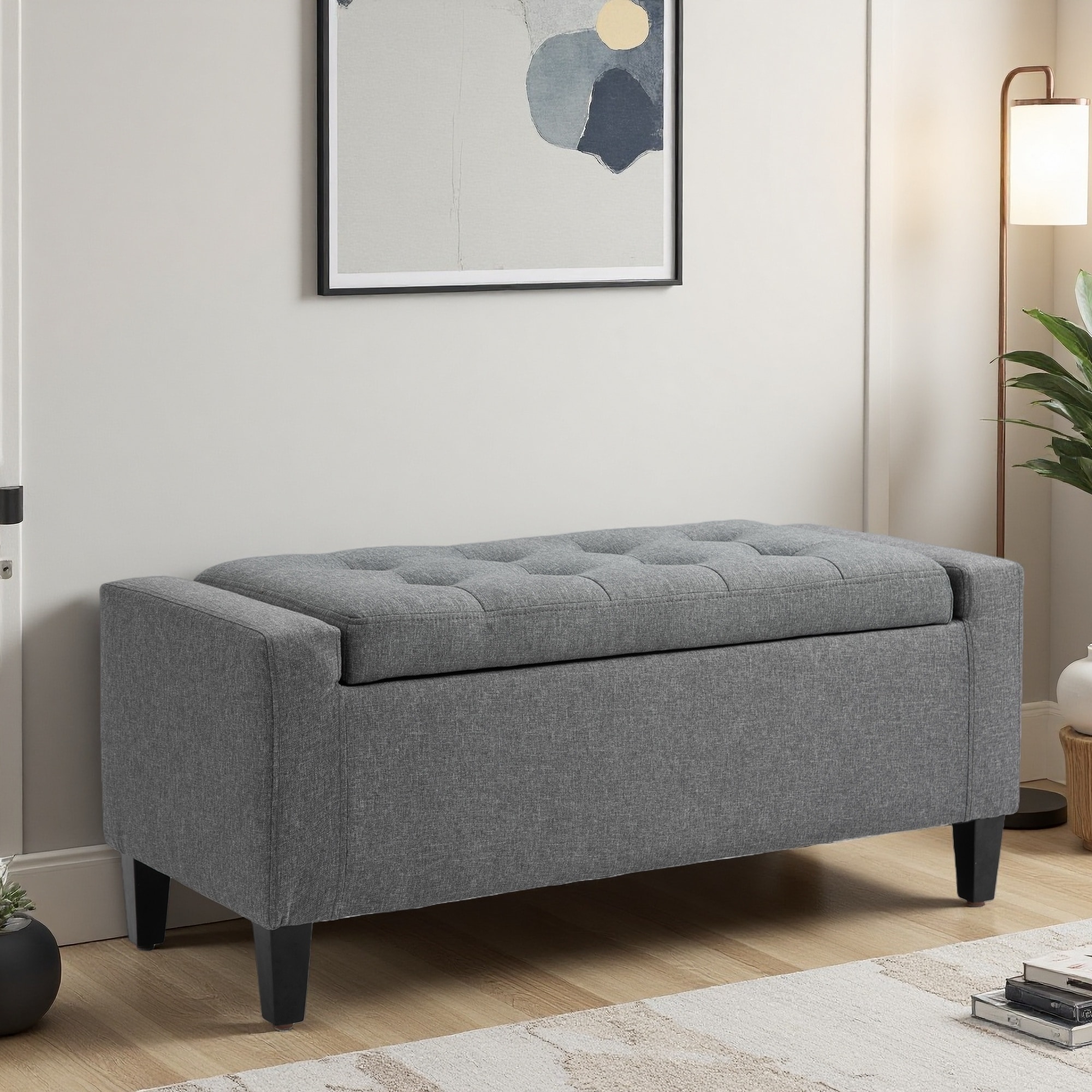 36"L Linen Upholstered Storage Ottoman, Lift Top Button-Tufted Storage Bench with Rubberwood Feet for Living Room, Bedroom