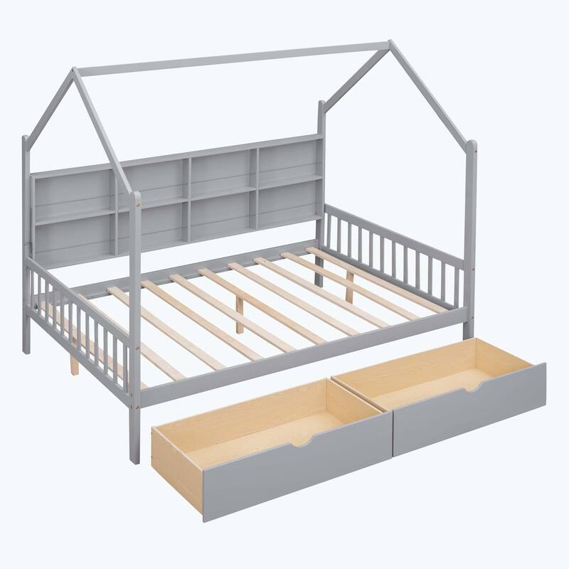 Comfortable Wooden House Bed with 2 Drawers,Kids Bed with Storage Shelf