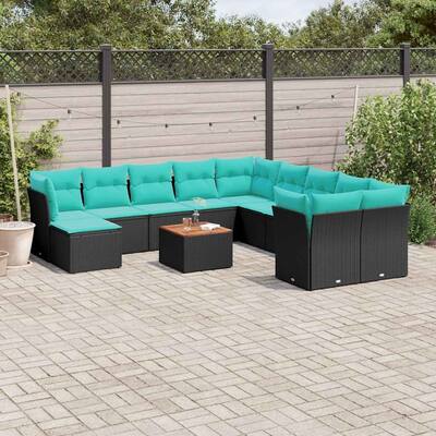 vidaXL 12 Piece Patio Sofa Set with Cushions Black Poly Rattan - 24.4 x 24.4 x 27.2
