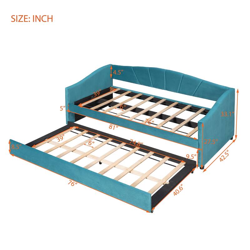 Velvet Upholstered Twin Daybed with Trundle, Solid Wood Slat Support, No Box Spring Needed, Space-Saving Design