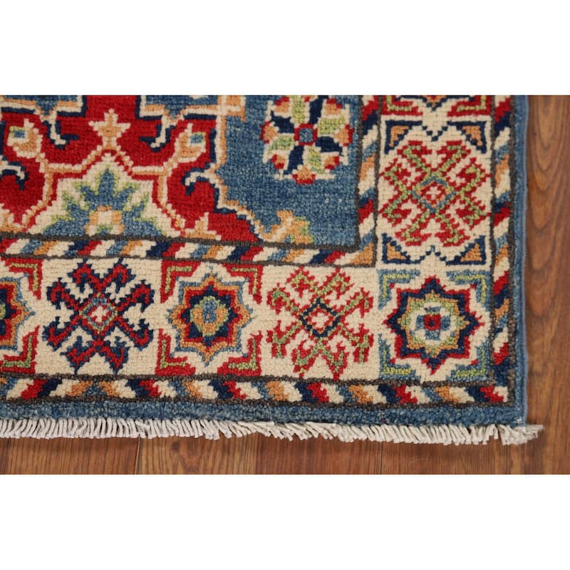 Hand Knotted Oriental 100% Wool Carpet Traditional Geometric Navy Blue & Blues Kazak Area Rug - 2' 11'' X 1' 11''