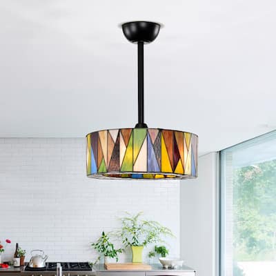 Svenja Black Lighted Ceiling Fan with Multi-Colored Earth Tones Tiffany Style Glass Shade Fandelier with Remote - MultiColored