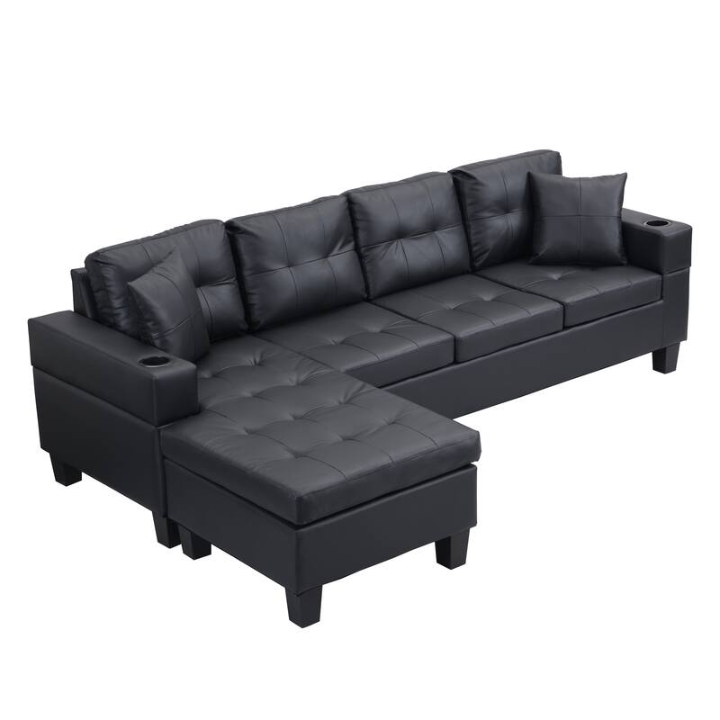 Leather Sectional Sofa L Shape Chaise Lounge with Cupholder & Ottoman
