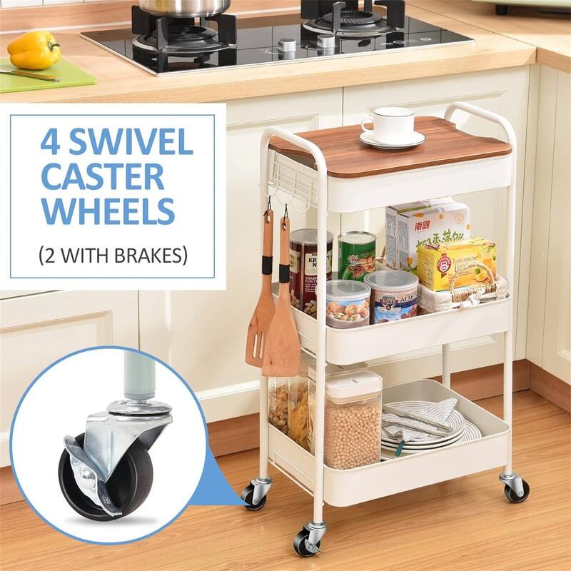 3 Tier Rolling Cart Metal Utility Cart with Top - 12"D x 17.3"W x 31.1"H