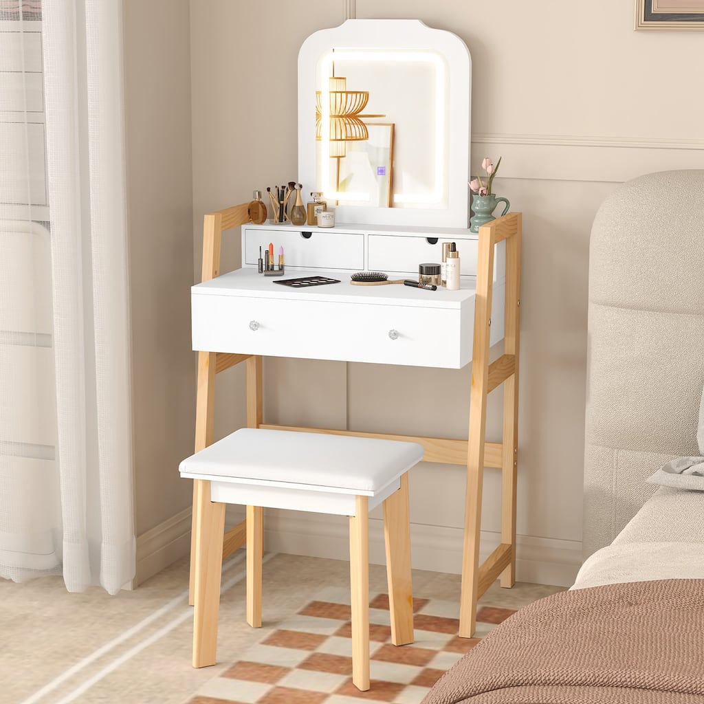 Gymax Vanity Desk Set w/ Mirror 3-Color LED Lights Drawers Solid Pine