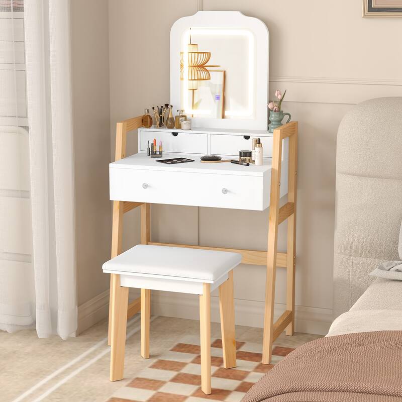 Gymax Vanity Desk Set w/ Mirror 3-Color LED Lights Drawers Solid Pine - White