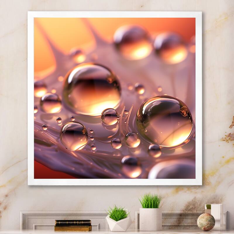 Designart "Morning Dew Drops On Pink Flower Petal" Flowers Framed Wall Art Prints - 36 in. wide x 36 in. high - White