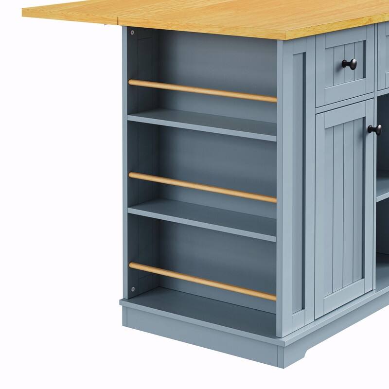 53" Rolling Kitchen Island with Drop Leaf, Power Outlet & Internal Door Storage, 5 Open Side Racks