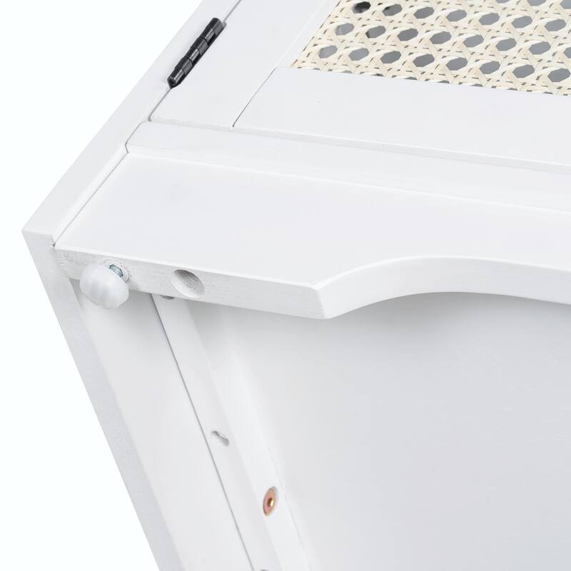 Rustic Storage Bench with Removable Cushion, Woven Rattan Doors & Adjustable Shelves