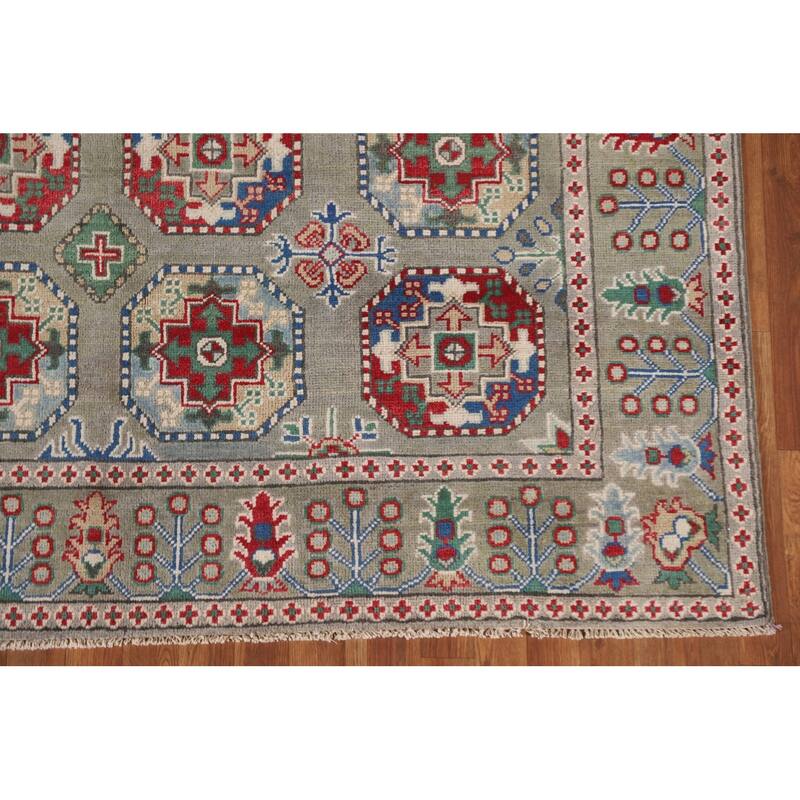 Hand Knotted Oriental 100% Wool Carpet Traditional All-Over Green Kazak Area Rug - 9' 10'' X 6' 7''