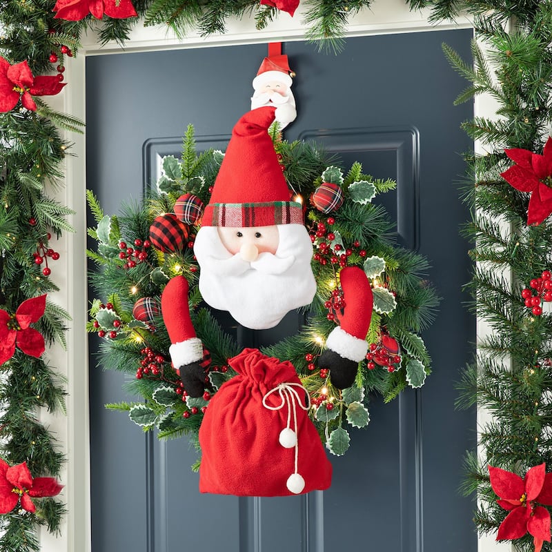 Glitzhome 24"D Christmas Pinecone Berry Wreath with Fabric Santa or Snowman Ornaments - LED Balls Wreath with Santa