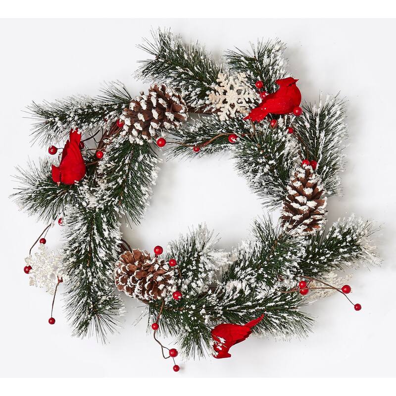 22" Snowy Pine Wreath w/ Cardinals & Snowflakes on Natural Twig Base - Multicolor