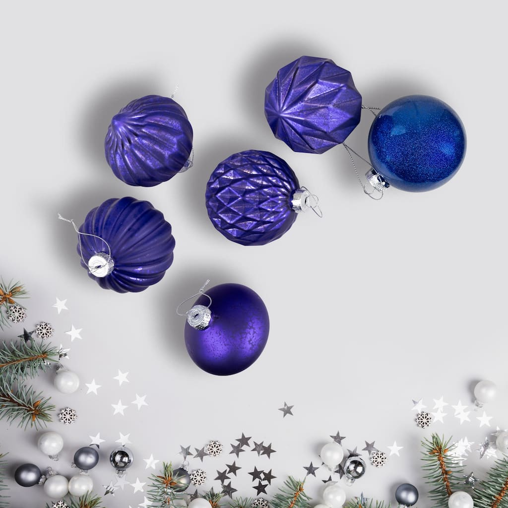 Multi Finish Ball and Onion Christmas Ornaments - 3.25" - Royal Blue and Purple - Set of 12