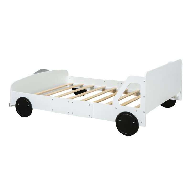 Car Shaped Platform Bed with Wheels, Wooden Car Shaped Kids Bed Frame