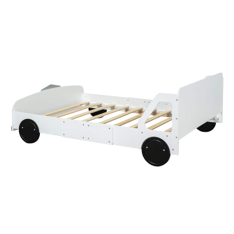 Children's Full Size Platform Bed, Car-Shaped Wooden Bed with Wheels