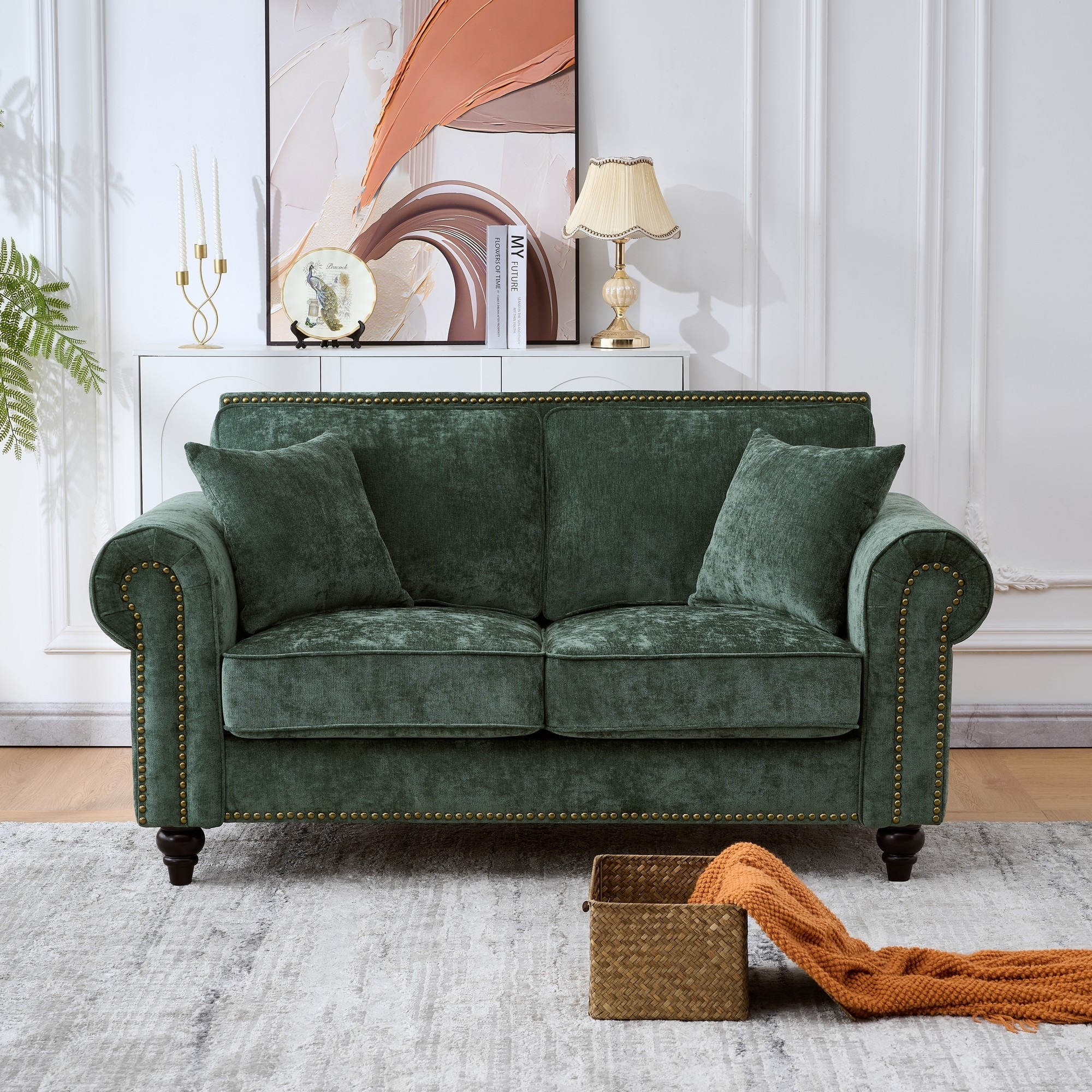 Modern Rolled Arm Chenille Sofa, 2-Seater Green Couch with Nailhead Trim, for Living and Room Apartment