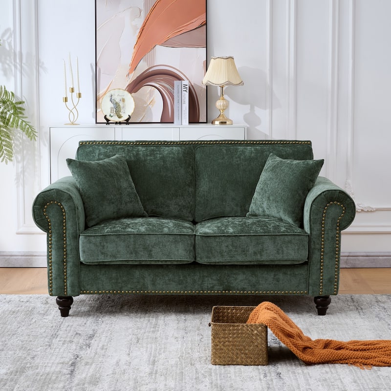 Modern Rolled Arm Chenille Sofa, 2-Seater Green Couch with Nailhead Trim, for Living and Room Apartment - Green
