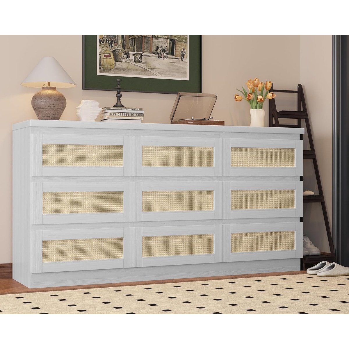 Rattan Drawer Dresser with Charging Station, Farmhouse Organizer for Bedroom Living