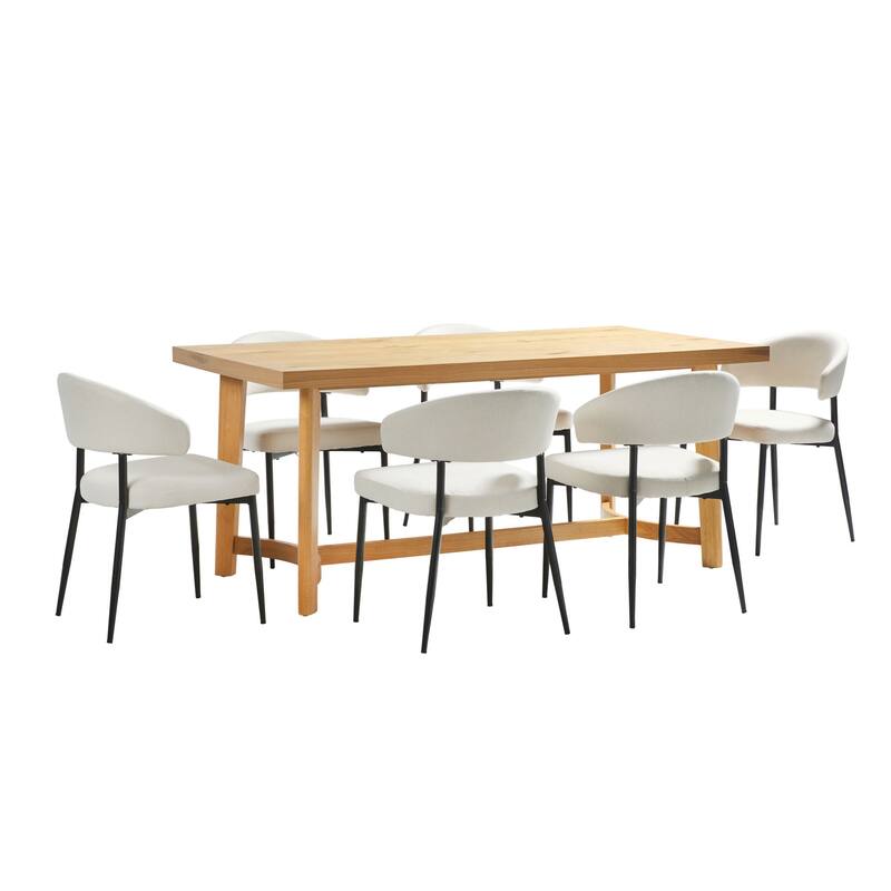 Walker Edison 7-Piece Rustic Solid Oak Wood Dining Table with Upholstered Chairs
