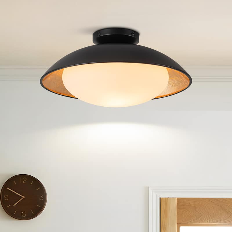 Starsky 1-light 15in. Bowl Ceiling Light Frosted Glass Shade Semi Flush Mount - Black - Black