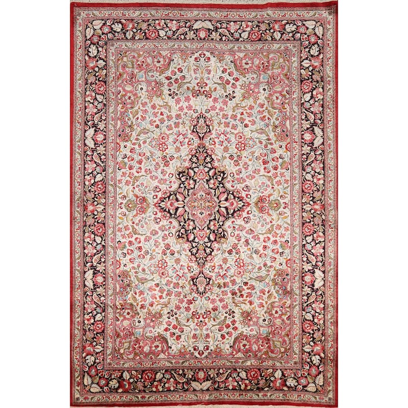 Floral Qum Persian Rug Traditional Handmade Silk Carpet - 4'6"x 7'0"