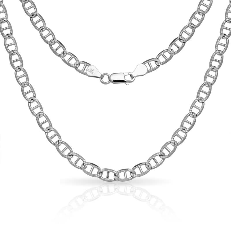 Sterling Silver Men's Italian 6mm Pave Mariner Chain Necklace (18'-30") - White