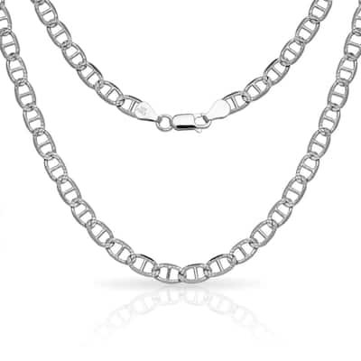 Sterling Silver Men's Italian 6mm Pave Mariner Chain Necklace (18'-30") - White