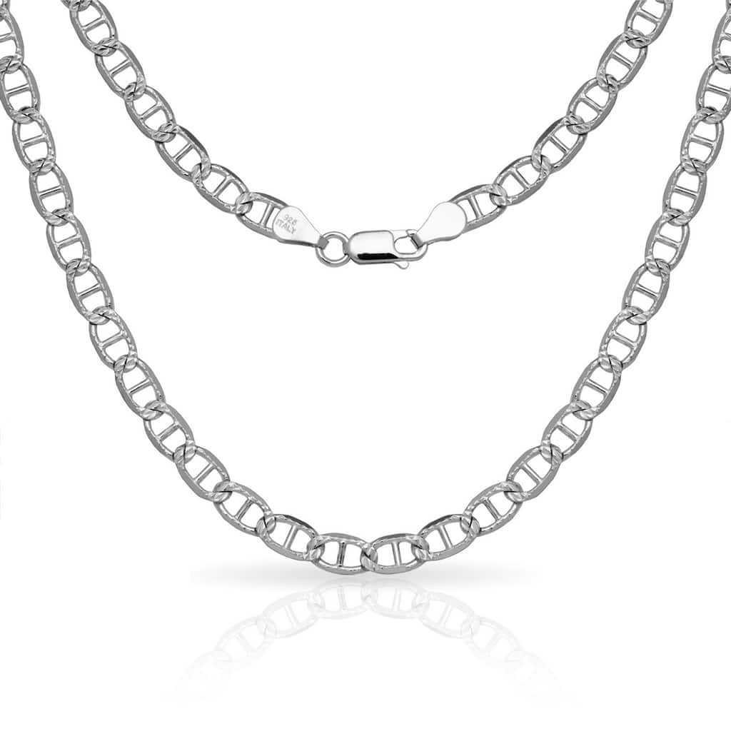 Sterling Silver Men's Italian 6mm Pave Mariner Chain Necklace (18'-30") - White