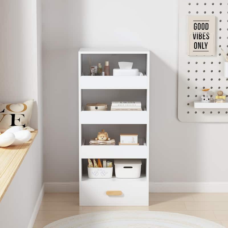 Anmytek Modern White Finish 4-Tier Open Shelf Cabinet with Drawer for Home Office, Bathroom & Narrow Hallways