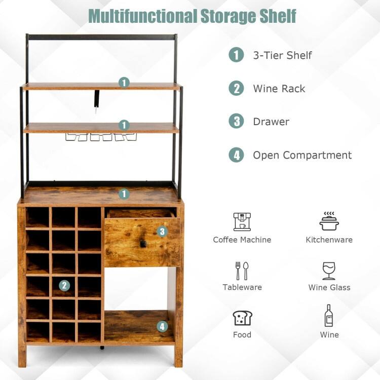 Kitchen Bakers Rack Freestanding Wine Rack Table with Glass Holder and Drawer - 31" x 16" x 64" (L x W x H)