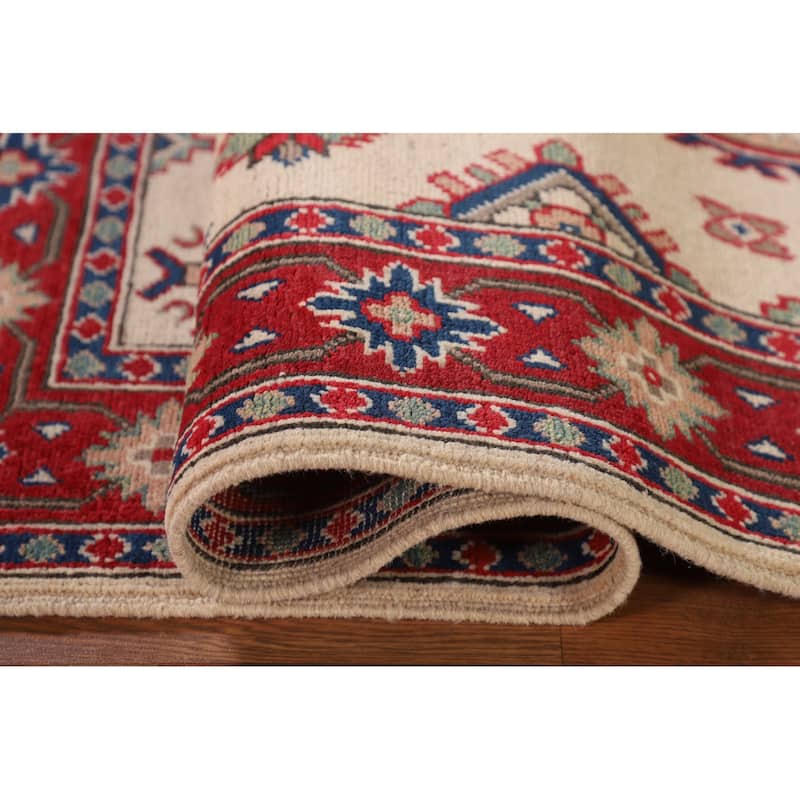 Ivory Geometric Kazak Oriental Accent Rug Hand-Knotted Wool Carpet - 3'7"x 5'0"