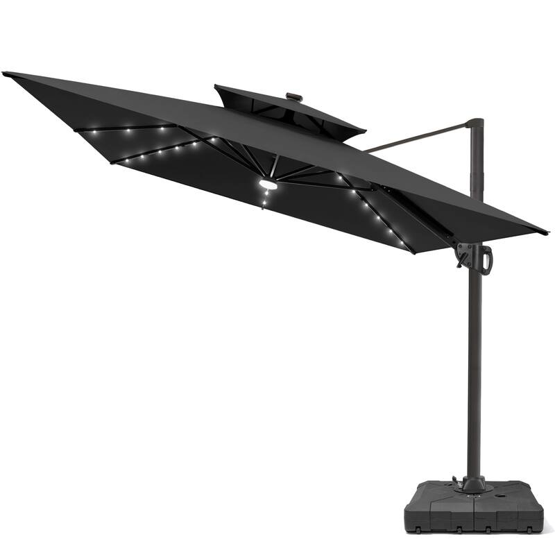9 X 11 FT Outdoor Patio Cantilever Umbrella with Solar Lights Wheeled Base Double Canopy 360 Rotation Tilt