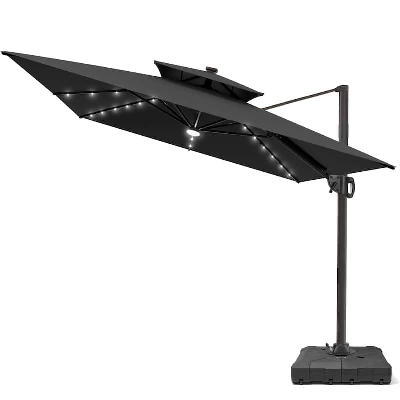 Pellebant 9x11FT Outdoor Dual Top Cantilever Patio Umbrella LED Light with Wheel Base