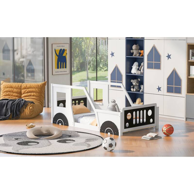 Classic Twin Car Bed for Kids with Fun Wheels Design, Durable Pine Wood Frame