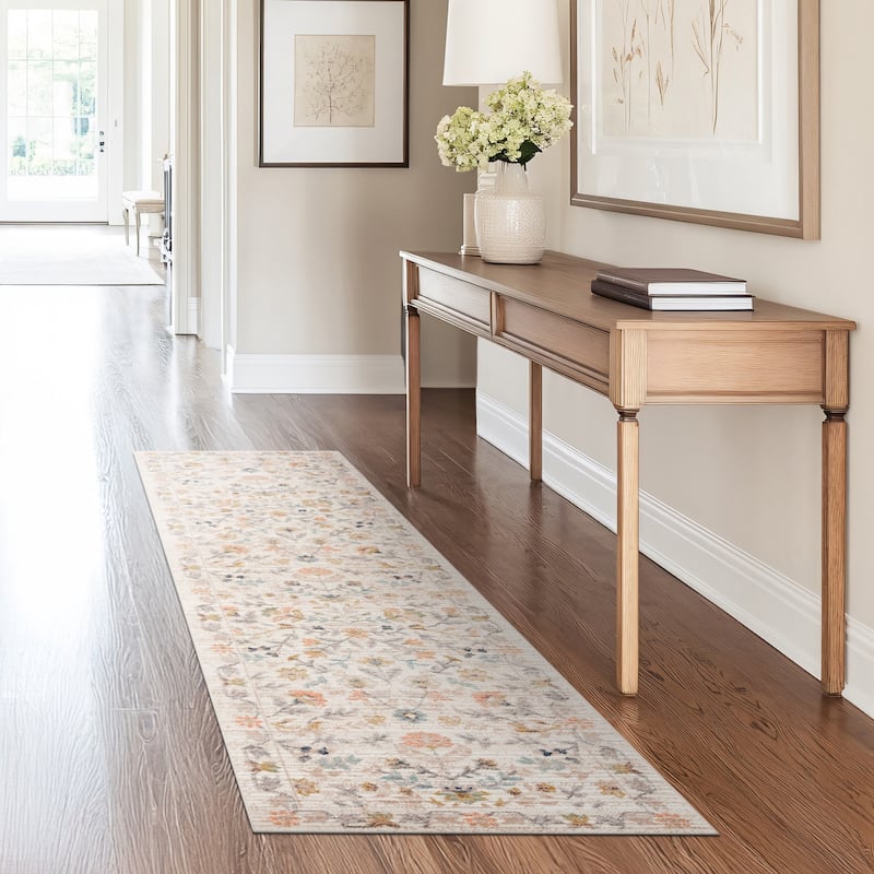 Crosswood Helen Traditional Floral Indoor Polyester Area Rug - 2'3'' x 7'7'' - Cream/Aqua
