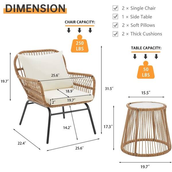 EROMMY 3-Piece Patio Conversation Set with Glass Table & 2 Armchairs, Seat Cushions