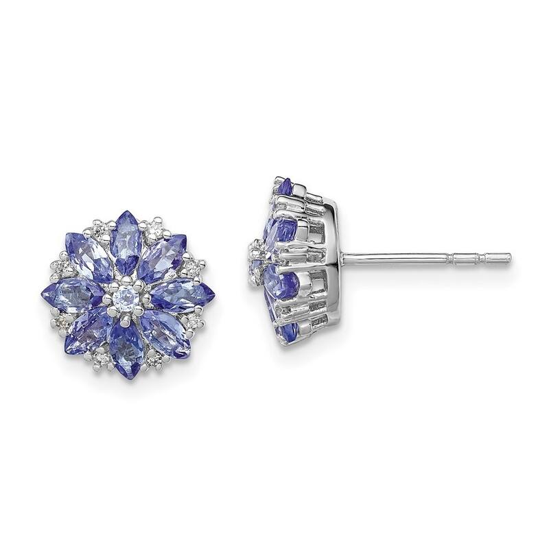 Curata 925 Sterling Silver Polished Rhodium Plated Diamond and Tanzanite Post Earrings - 10x10mm Wide